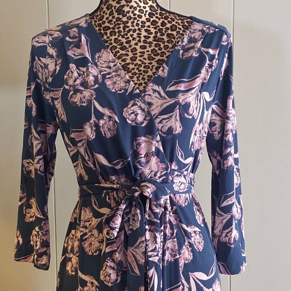 A Pea in the Pod Womens Navy Blue Pink Floral Faux Wrap Maternity Dress Size M